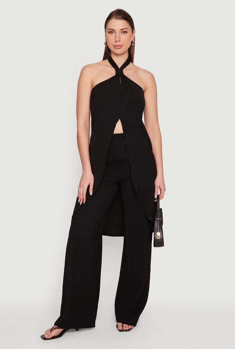 Crepe Knit Halter Neck High Low Maxi Top