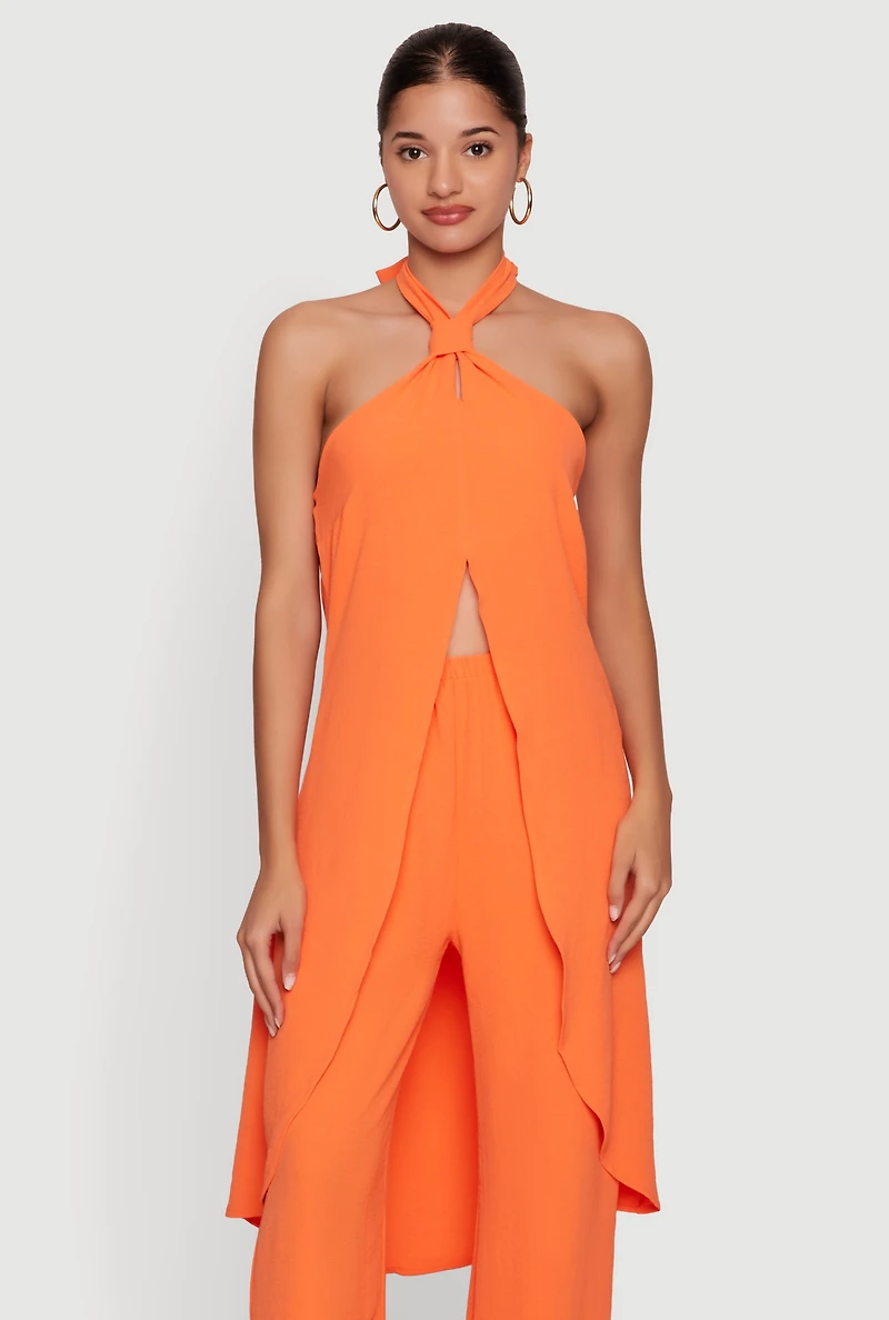 Crepe Knit Halter Neck High Low Maxi Top