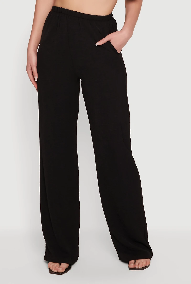 Crepe Knit High Waisted Wide Leg Pull On Pants