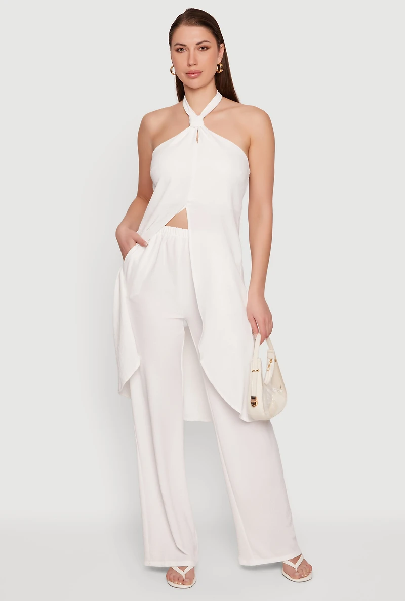 Crepe Knit High Waisted Wide Leg Pull On Pants
