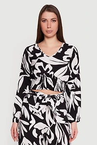 Abstract Floral Crepe Knit Cropped Smocked Waist Top