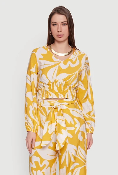 Abstract Floral Crepe Knit Cropped Smocked Waist Top