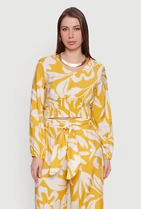 Abstract Floral Crepe Knit Cropped Smocked Waist Top