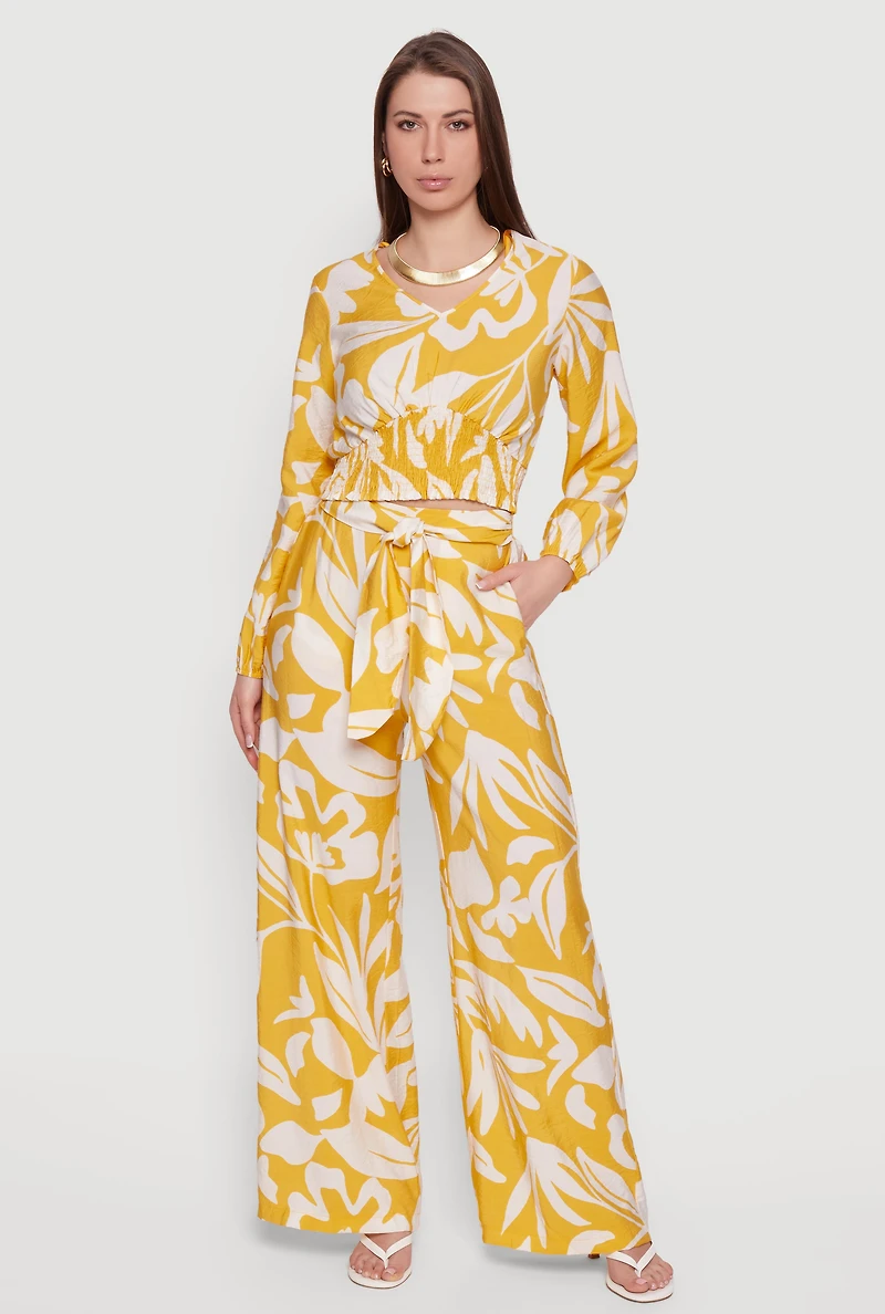 Abstract Floral Crepe Knit Cropped Smocked Waist Top