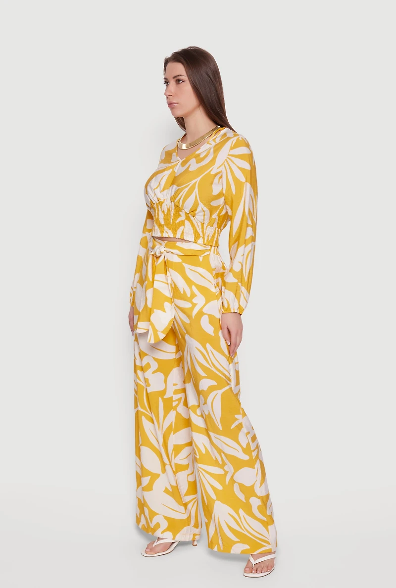 Abstract Floral Crepe Knit Cropped Smocked Waist Top