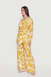 Abstract Floral Crepe Knit Cropped Smocked Waist Top