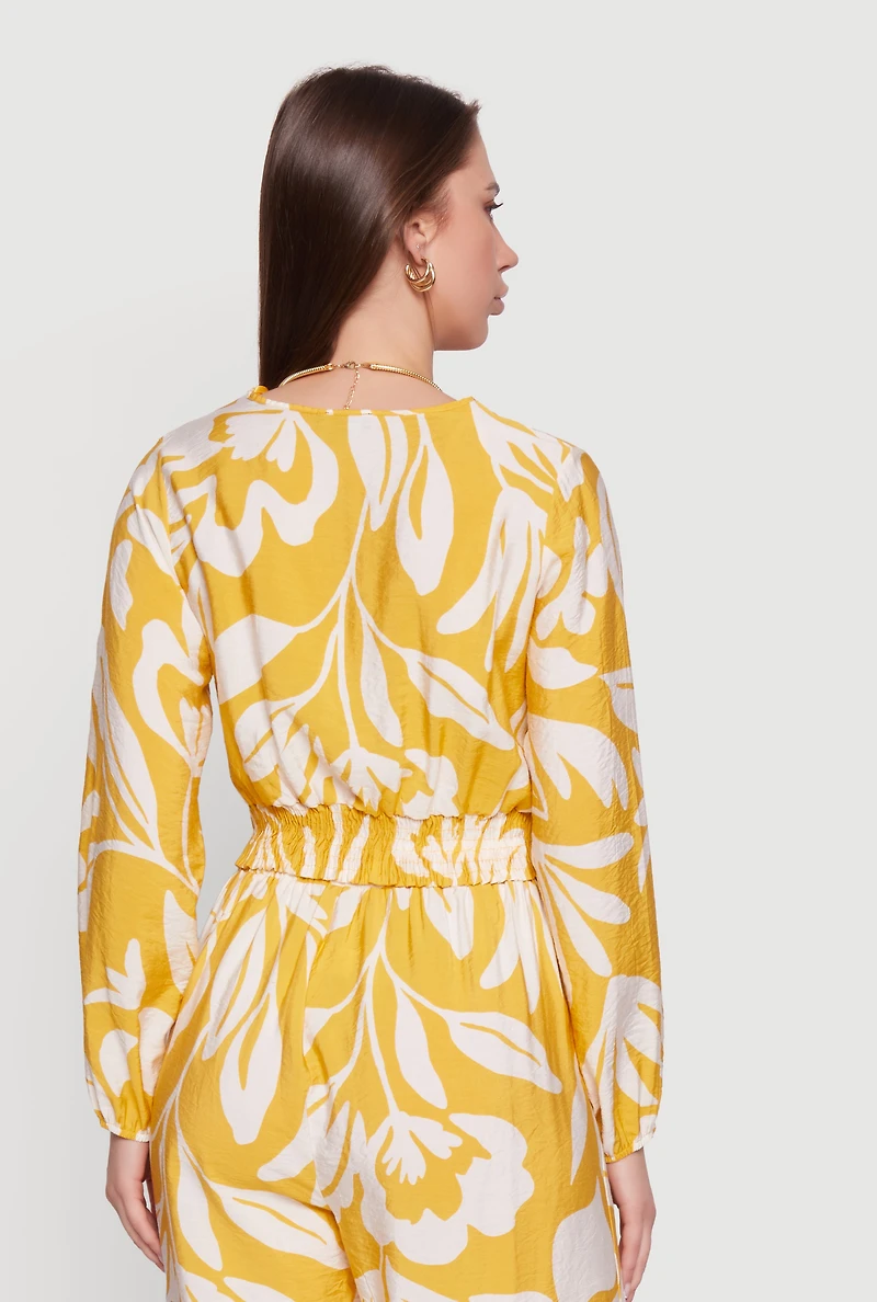 Abstract Floral Crepe Knit Cropped Smocked Waist Top