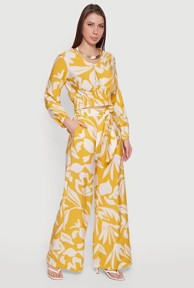 Abstract Floral Crepe Knit Tie Waist Front Wide Leg Pants