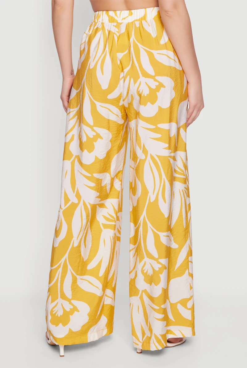 Abstract Floral Crepe Knit Tie Waist Front Wide Leg Pants