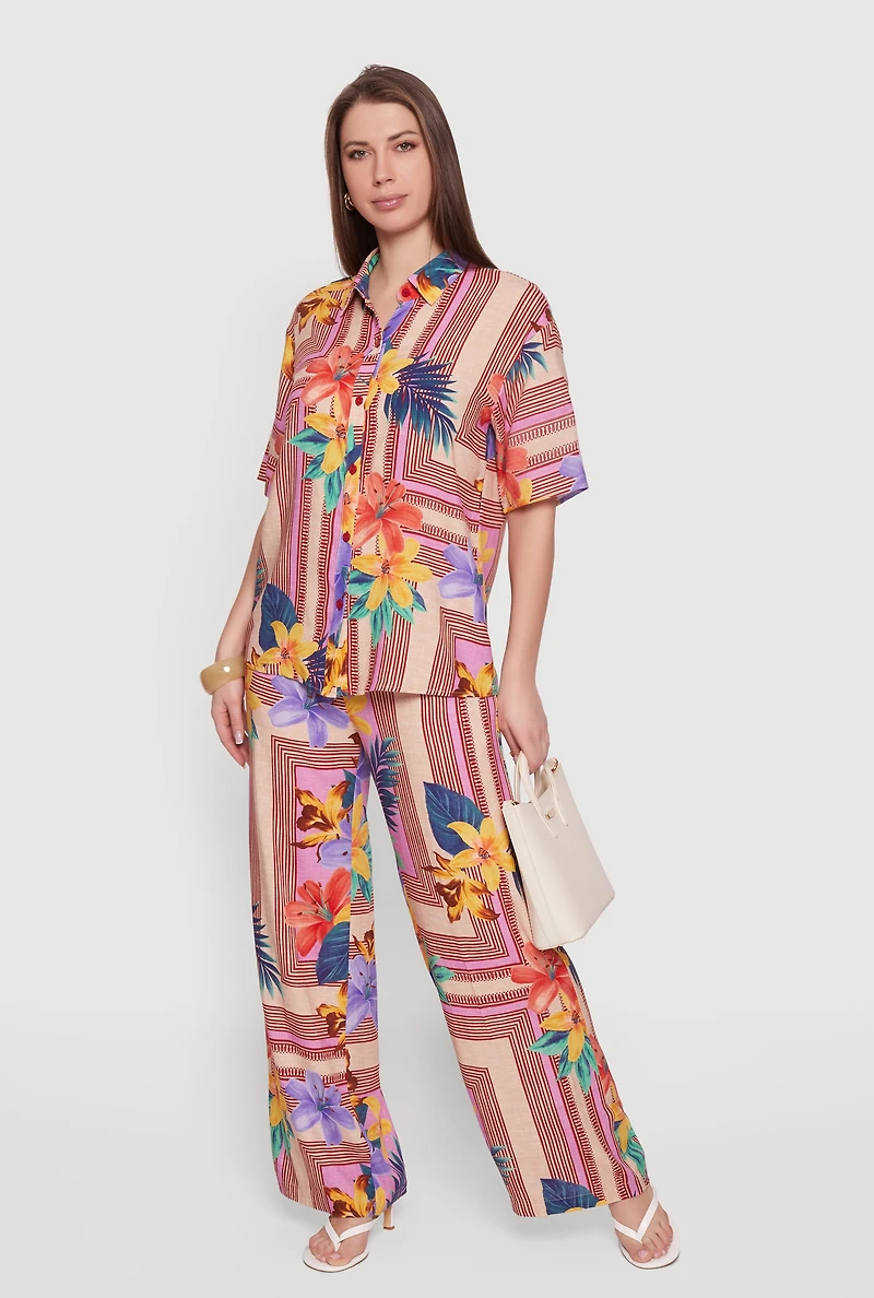 Geometric Striped Tropical Floral Print Shirt