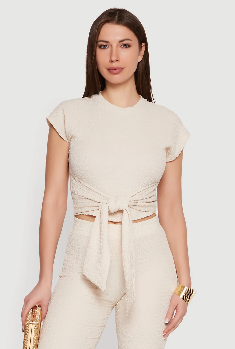 Textured Knit Tie Front Crop Top