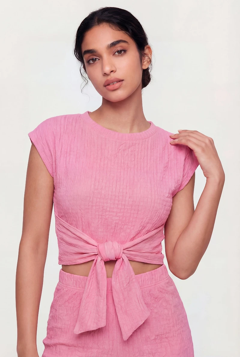 Textured Knit Tie Front Crop Top