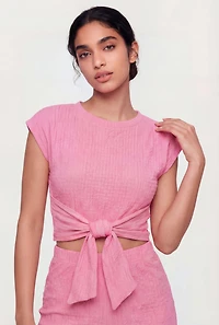Textured Knit Tie Front Crop Top