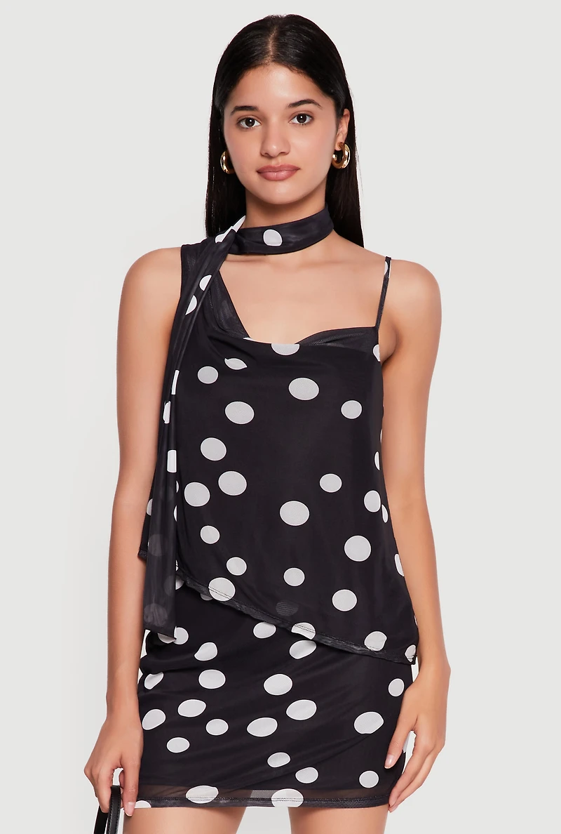 Polka Dot Mesh Scarf Detail Cowl Neck Blouse