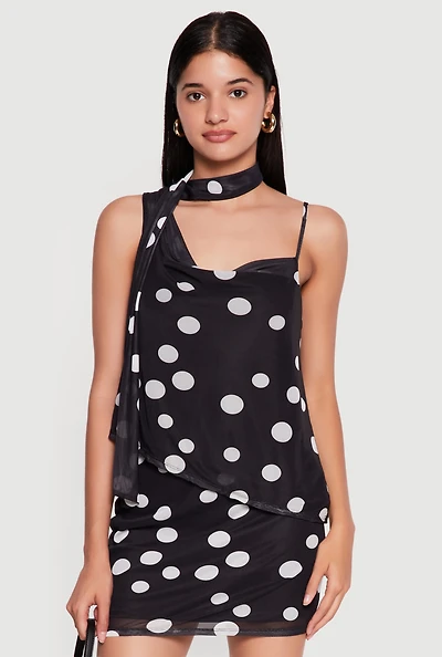 Polka Dot Mesh Scarf Detail Cowl Neck Blouse