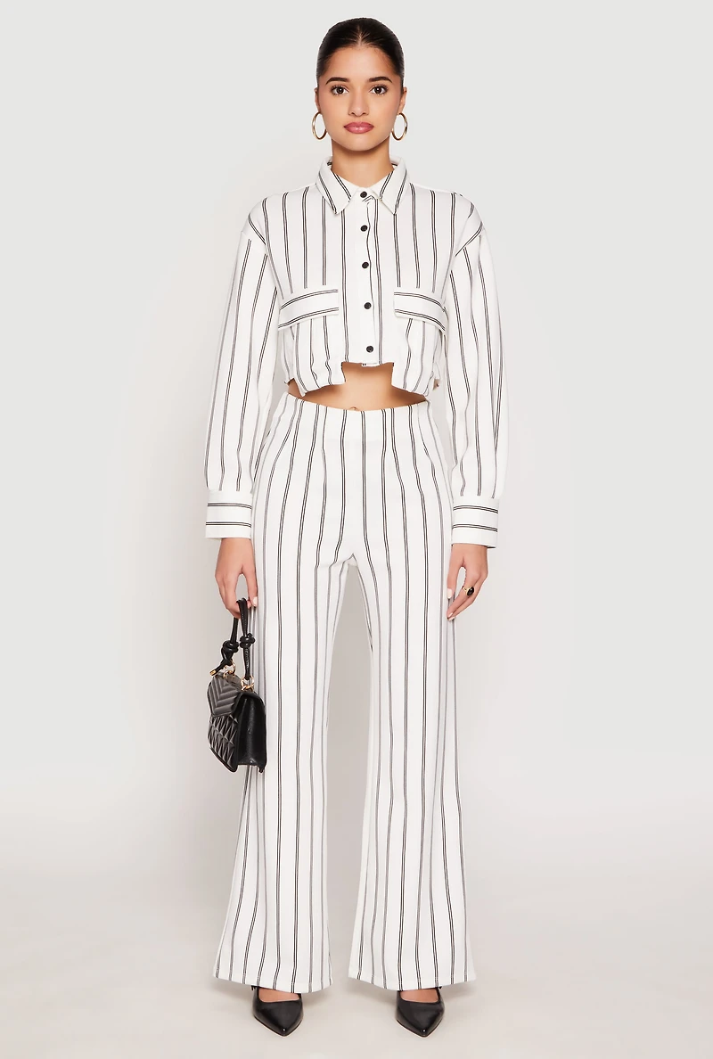 Womens Striped Pocket Cropped Button Front Shirt, White, Size L