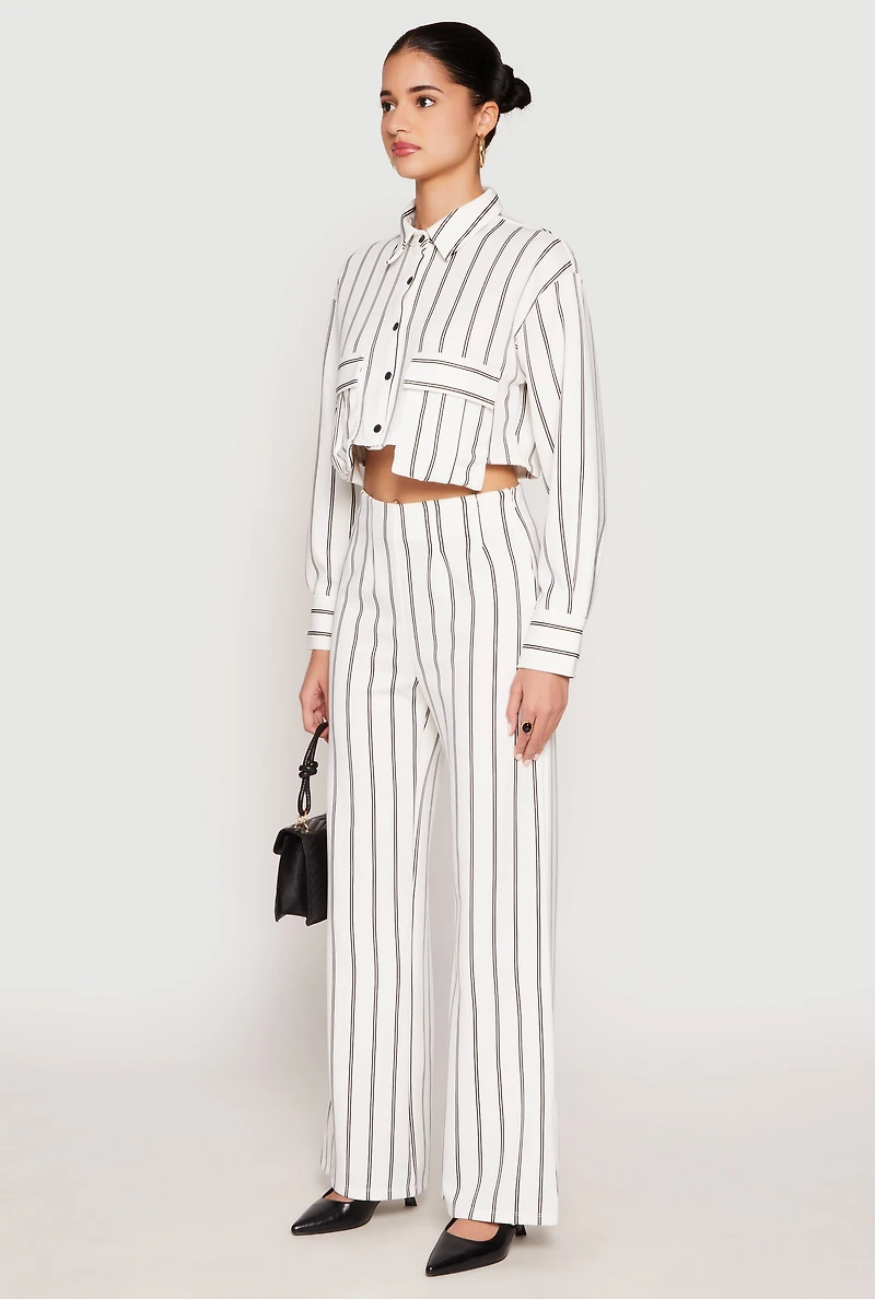 Womens Striped Pocket Cropped Button Front Shirt, White, Size L