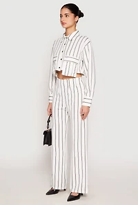 Womens Striped Pocket Cropped Button Front Shirt, White, Size L