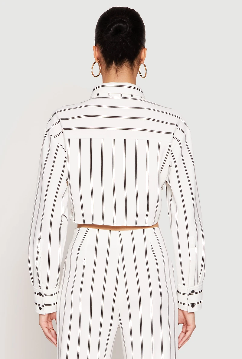 Womens Striped Pocket Cropped Button Front Shirt, White, Size L