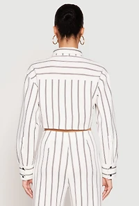Womens Striped Pocket Cropped Button Front Shirt, White, Size L