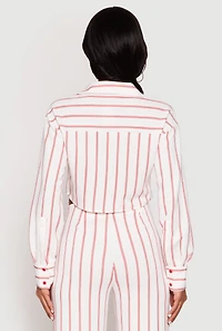 Womens Striped Pocket Cropped Button Front Shirt, White, Size M