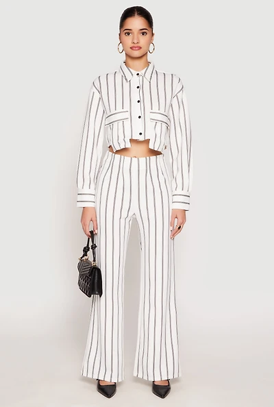 Womens Striped High Waisted Dress Pants, White, Size M