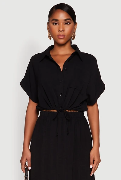 Womens Airy Drawstring Hem Shirt, Black, Size S
