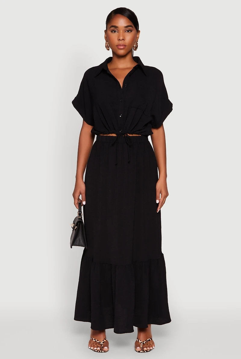 Womens Airy Drawstring Hem Shirt, Black, Size S