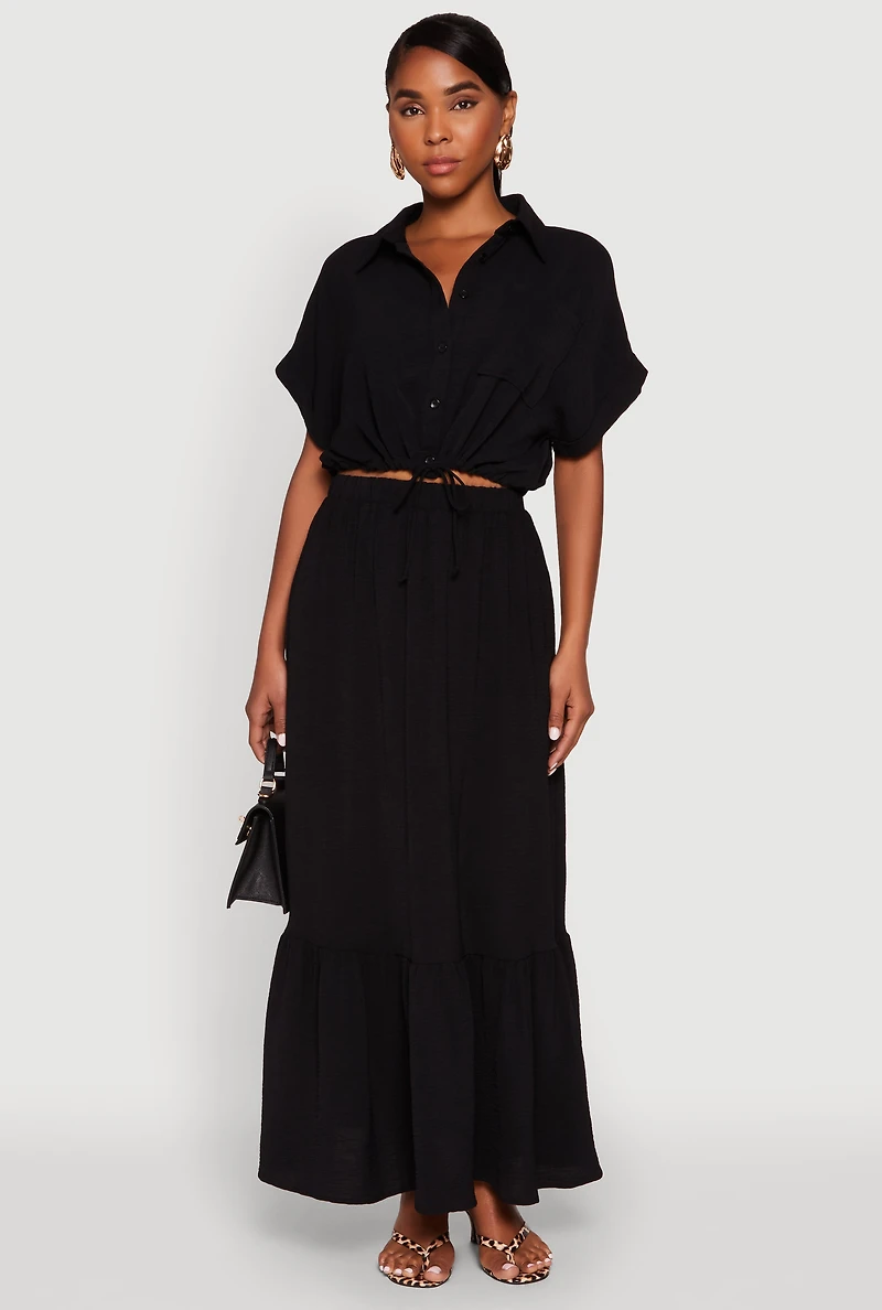 Womens Airy Drawstring Hem Shirt, Black, Size S