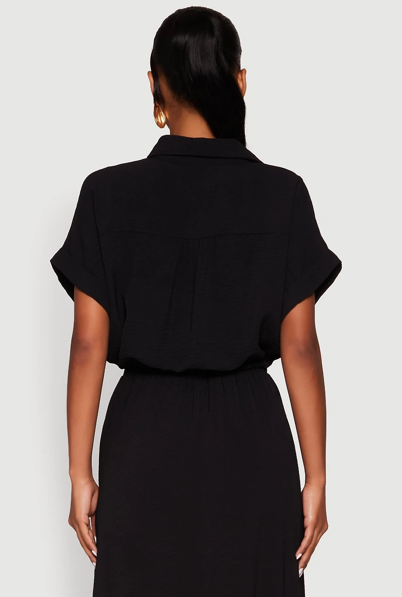Womens Airy Drawstring Hem Shirt, Black, Size S