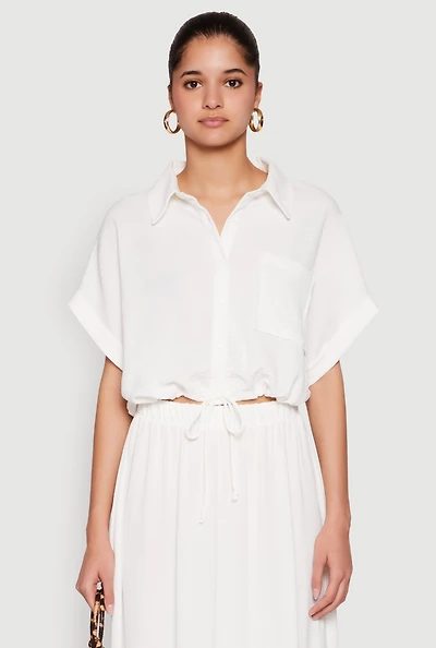 Womens Airy Drawstring Hem Shirt, White, Size M
