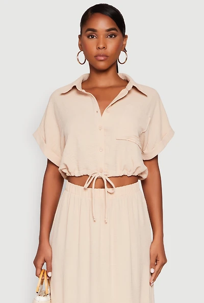 Womens Airy Drawstring Hem Shirt,