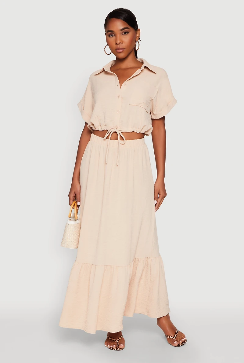 Womens Airy Drawstring Hem Shirt, Beige,