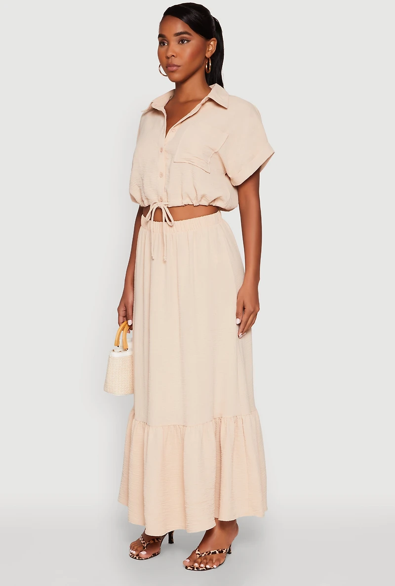 Womens Airy Drawstring Hem Shirt, Beige,