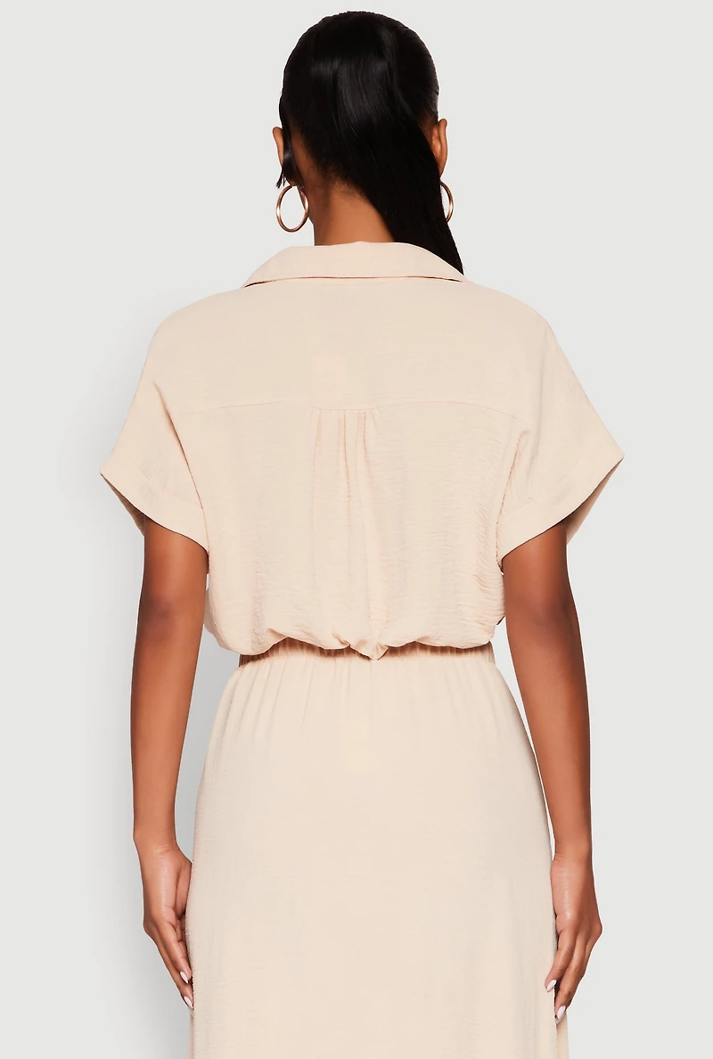 Womens Airy Drawstring Hem Shirt, Beige,
