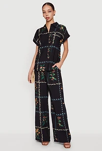 Floral Crepe Knit High Waisted Pull On Pants