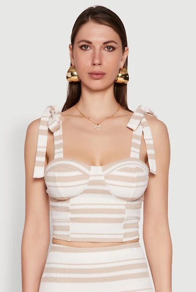 Womens Striped Bow Strap Cropped Bustier Top,