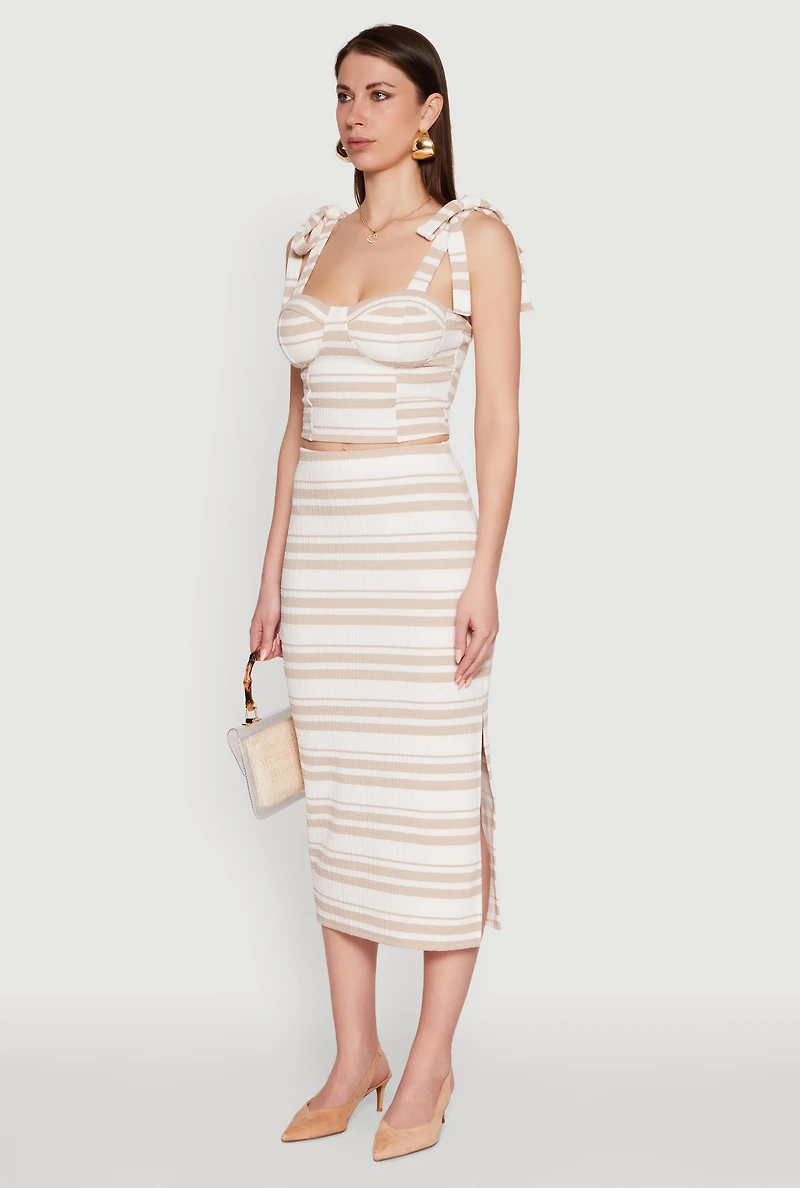 Womens Striped Bow Strap Cropped Bustier Top, Beige,
