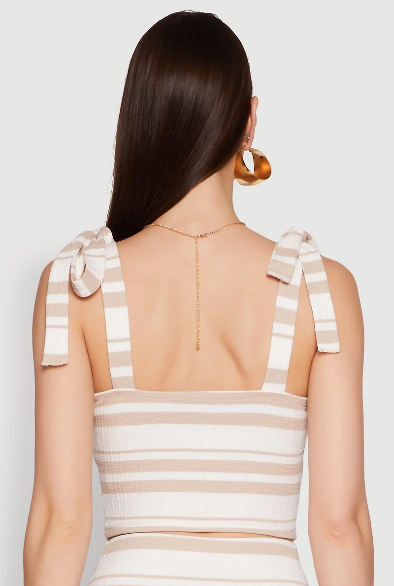 Womens Striped Bow Strap Cropped Bustier Top, Beige, Size M