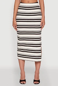 Womens Striped Side Slit Midi Skirt, Multi,
