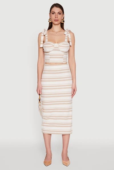 Womens Striped Side Slit Midi Skirt, Khaki, Size S