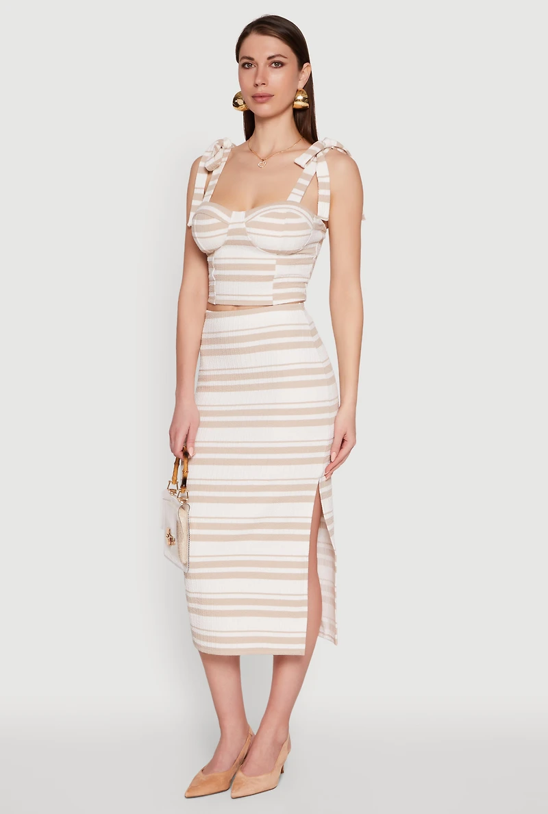 Womens Striped Side Slit Midi Skirt, Khaki,