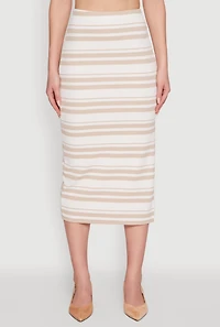 Womens Striped Side Slit Midi Skirt, Khaki, Size S