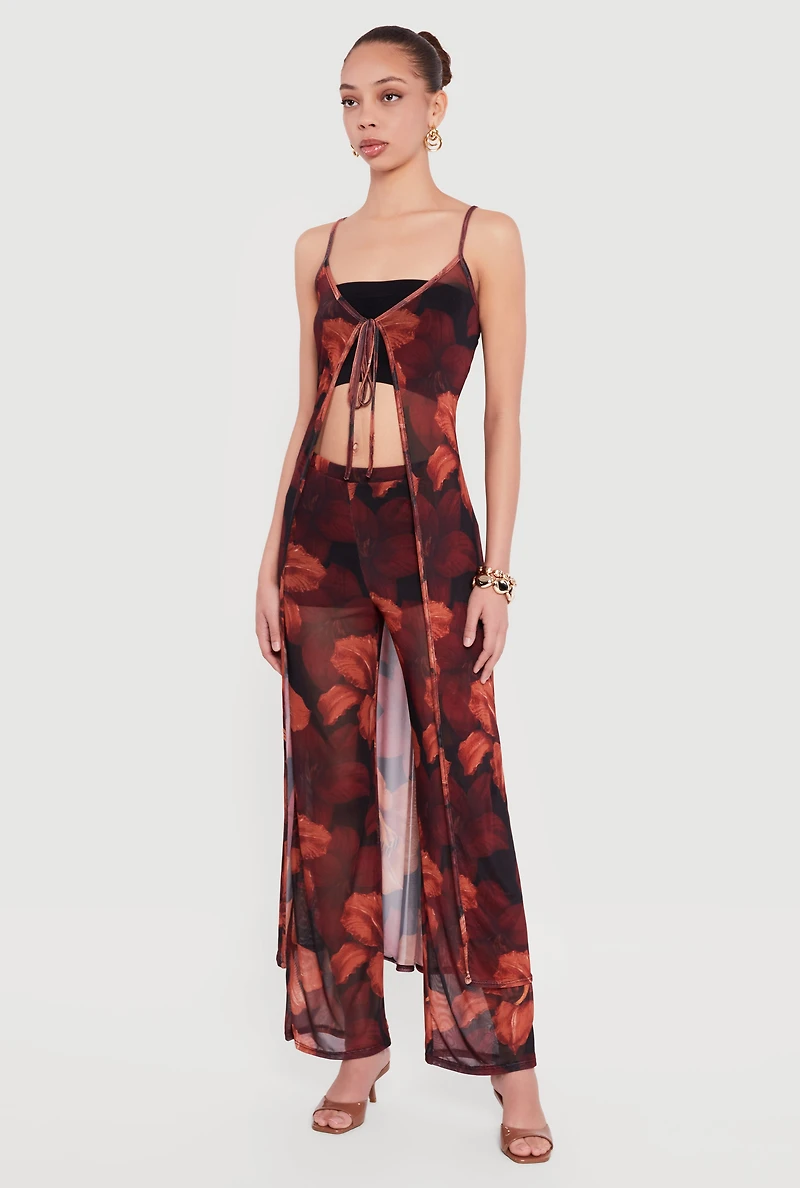Floral Mesh Tie Front Long Cami Duster