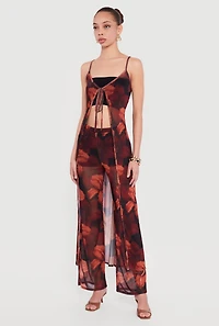 Floral Mesh Tie Front Long Cami Duster
