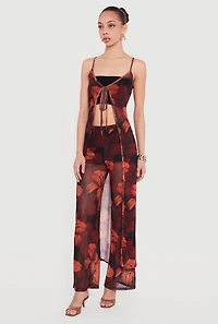 Mid Rise Floral Print Mesh Pants