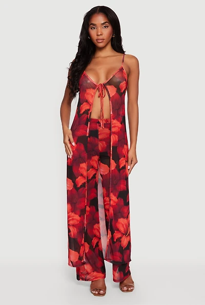 Mid Rise Floral Print Mesh Pants