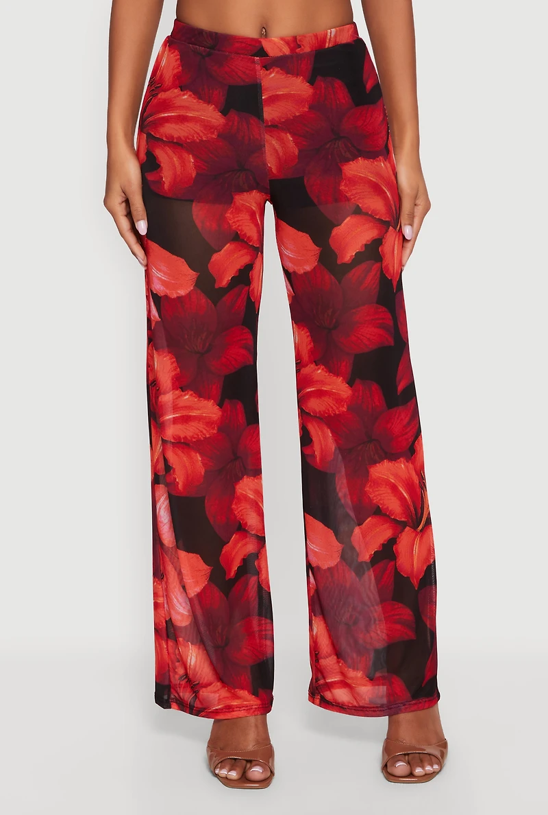 Mid Rise Floral Print Mesh Pants