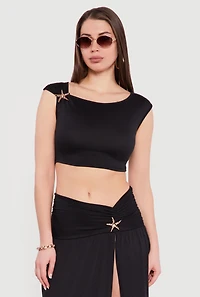 Metallic Starfish Brooch Asymmetrical Crop Top
