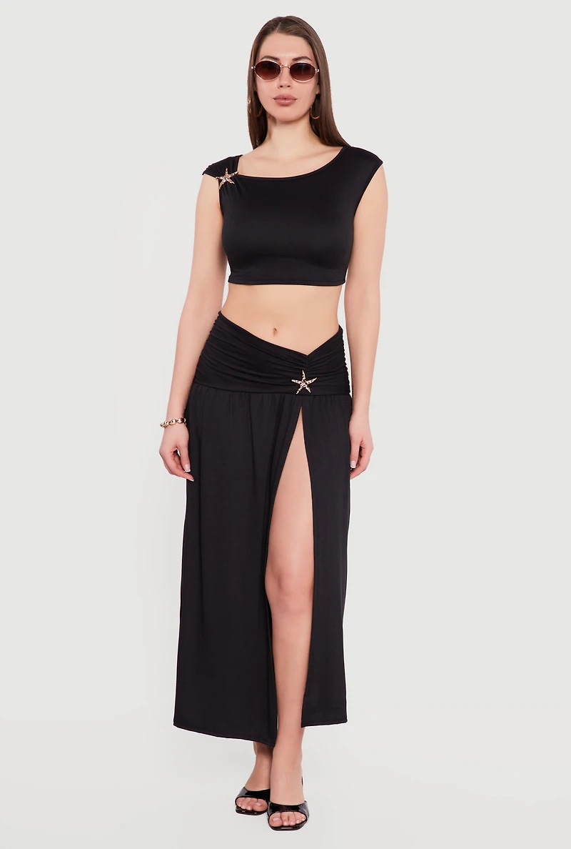 Metallic Starfish Brooch Asymmetrical Crop Top